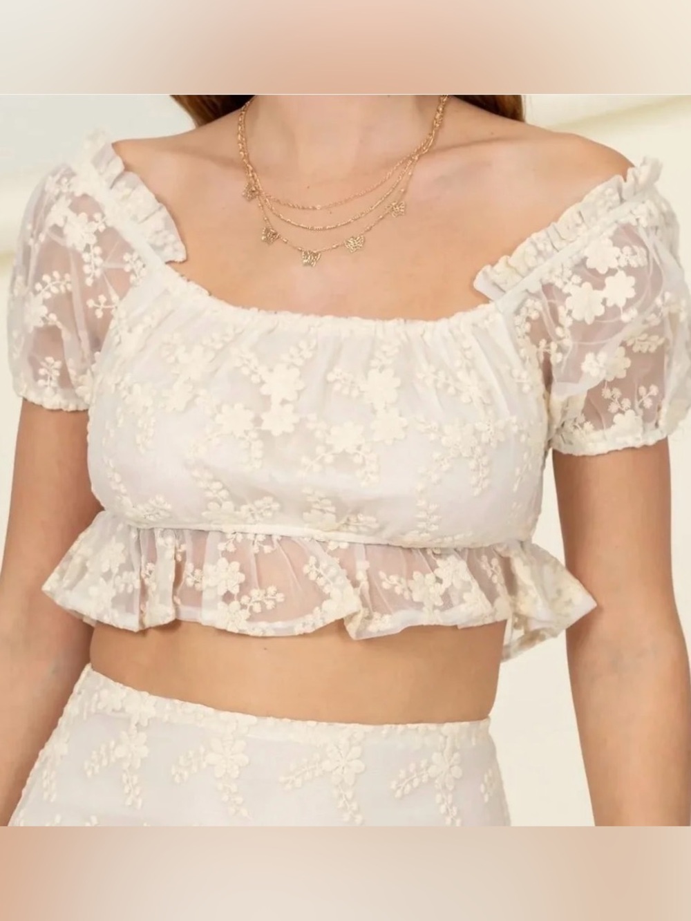 Hyfve size medium off white floral lace peplum hem crop top on off shoulder new